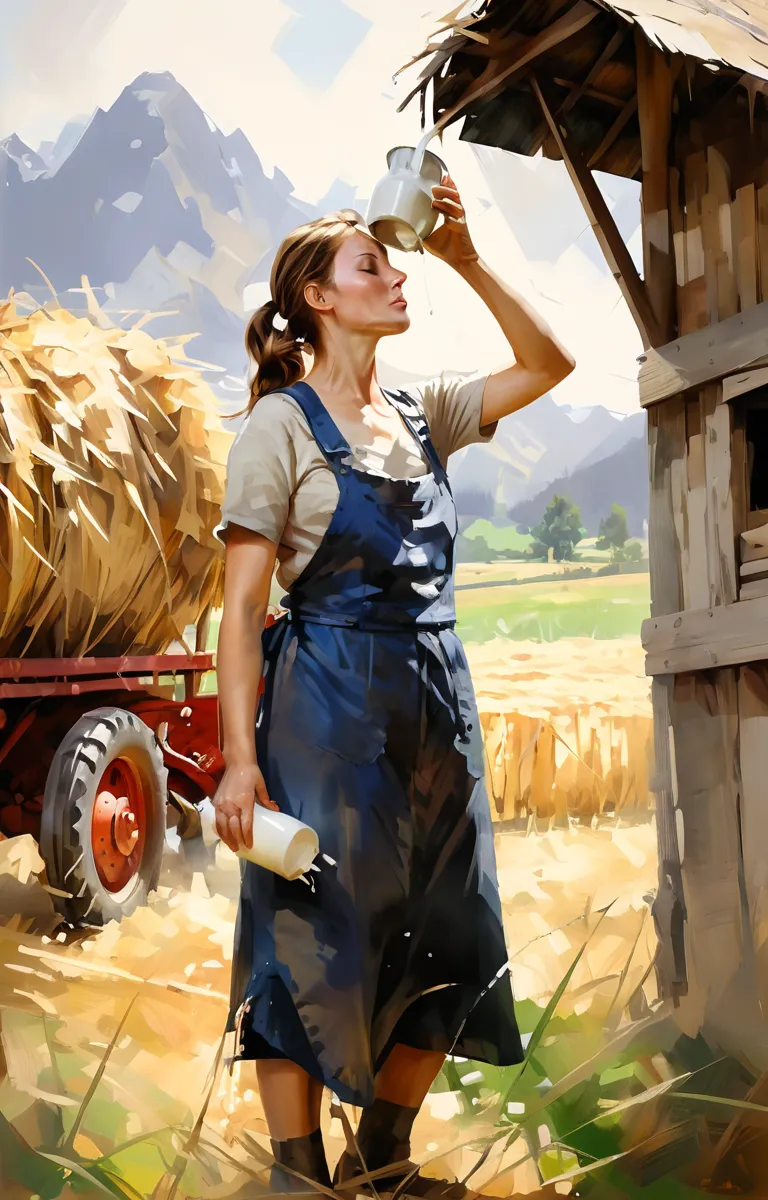 haystack ,  farmer drinks milk from a jug, sweats off her forehead with one hand 