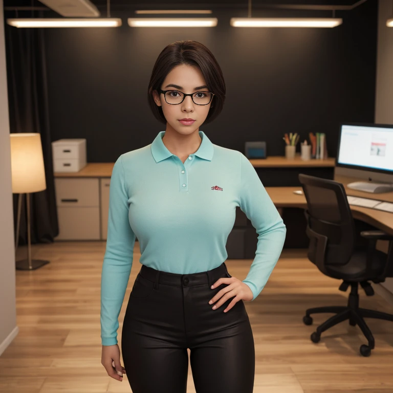 timid short petite cute chubby Mexican nerdy emo, short hair, cute detailed brown eyes, cutely detailed lips, cute highly detailed eyes and face, voluptuous breasts, thin thighs, long sleeve plain polo tucked in black pants, full body photo, masterpiece, p...