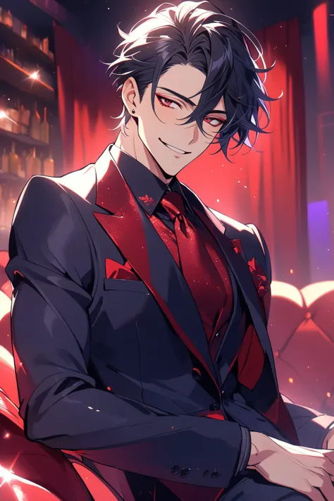 1 handsome beautiful male, styled short black hair, crimson eyes, 30 years old, high detail, dark business suit, perfect eyes, look away, solo, confident smile, vip night club background, sexy