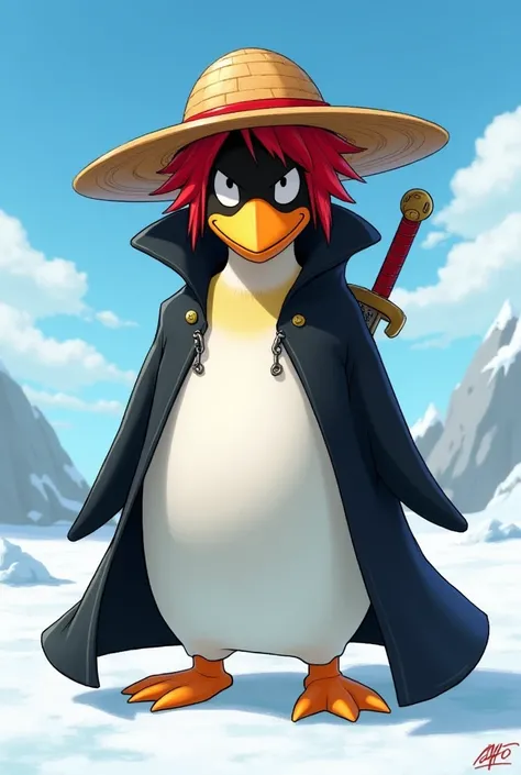 Pingu dressed as Shanks from One Piece with black cape red hair straw hat and sword