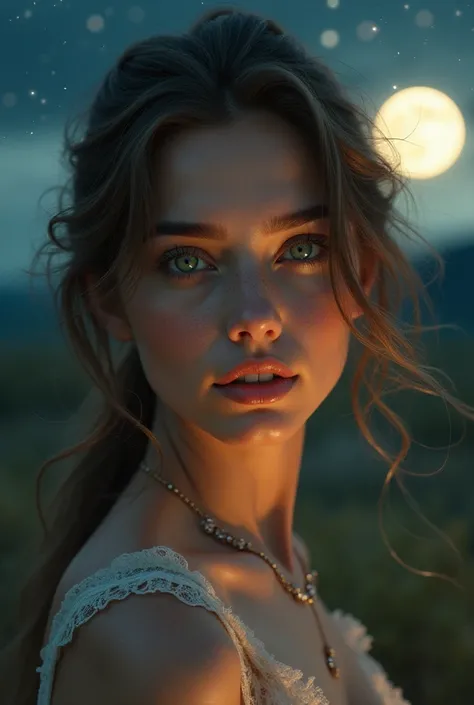 Create the image of a beautiful woman with light brown hair with green eyes that is ultra realistic in the background, put a landscape at night, don't put text on it. 