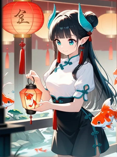 1girl, solo, long hair, blue eyes, black hair, aqua eyes, happy, closed mouth,medium breasts, hair bun, double bun, horns,blunt bangs, looking at object, looking at lantern, holding lantern,bend over, shirt, skirt, long sleeves, ribbon, jewelry, white shir...