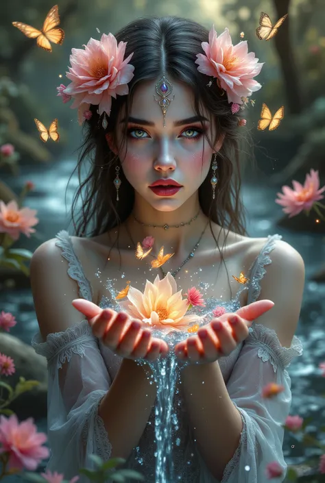 ( A beautiful girl with beautiful features and magical makeup,  Holds Two Hands from which a river flows with flowers flowing into the lake ),  butterflies fly , very detailed and beautiful ,  Masterpiece , fantasy style,  complicated details, 8 k,  maximu...