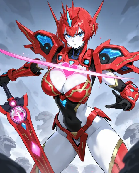 Red-haired woman, long, blue eyes, heart-shaped face, white skin, beautiful appearance, hourglass, large breasts, large breasts, large breasts, giant milksThe highlight of the image is wearing sentinel prime armor, the body of armor is based on the origina...