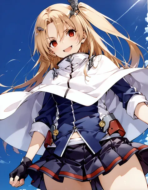 score_9, score_8_up, score_7_up, source_anime, 1girl, solo, upper body, close up, cleveland_azurlane, cleveland (azur lane), red eyes, long blonde hair, side ponytail, hair ornament, white capelet, blue jacket, miniskirt, american flag socks, fingerless gl...