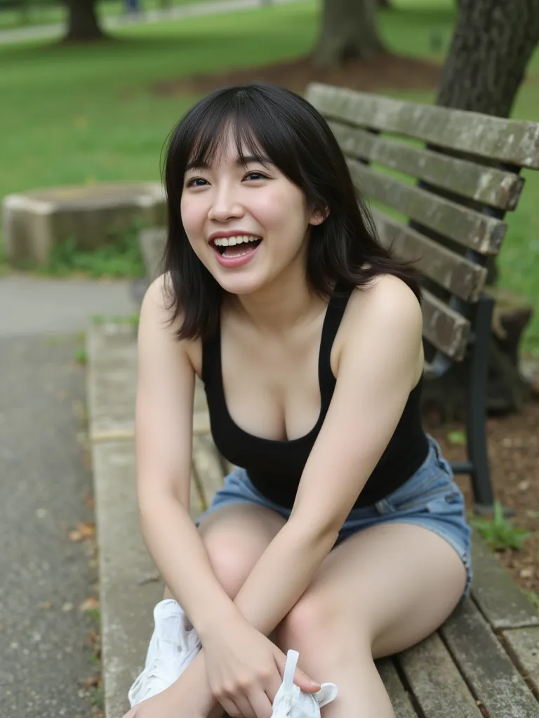 a Japanese very beautiful actress、lying on a bench in a park、beautiful raw legs、black tanktop、jeans shorts、laughing、black long hair、big breasts、white sneakers、from the below、natural makeup、sweaty