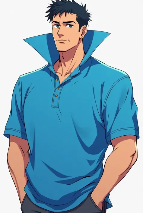 Anime Her Husband he's wearing a Blue Massive Popped Collar Polo with a collar so high it's taller than his head