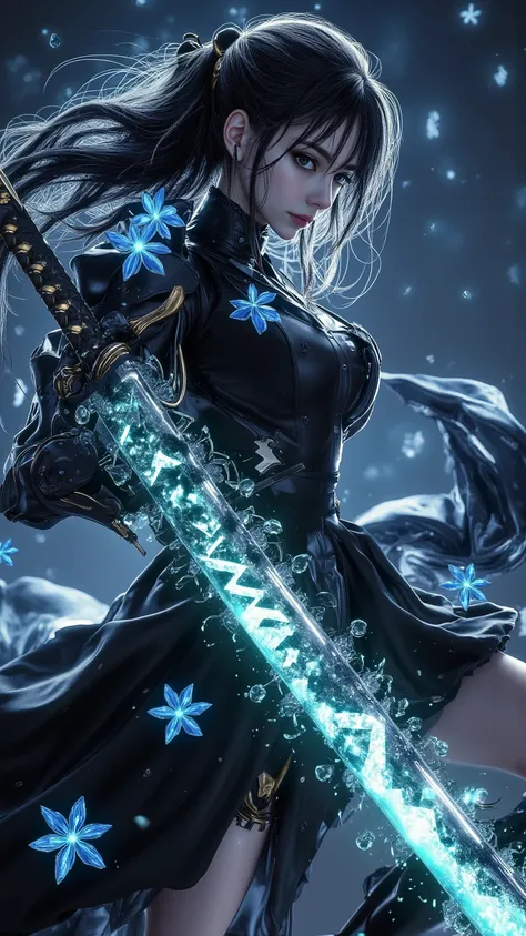  A woman wearing fine black armor ， adorned with shiny blue flowers ， Her hair flutters with blue light 。 in her hand holding a huge glowing sword ， radiates vivid cyan energy ，The sword has a mysterious rune ， Her powerful and unforgettable eyes are fille...