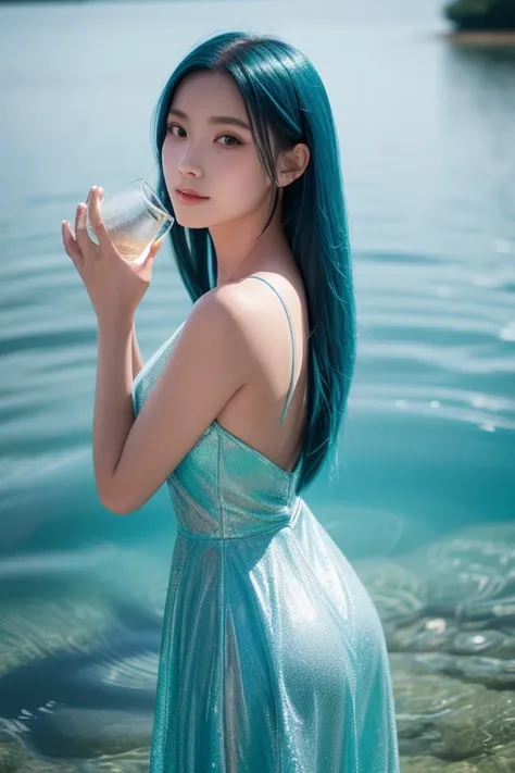 "A mesmerizing young woman with long, flowing aqua-blue hair, wearing a sleek, shimmering blue dress. She stands by a crystal-clear lake, cupping water in her hands as sunlight reflects off the ripples. Cool-toned lighting, ultra-detailed, photorealistic, ...