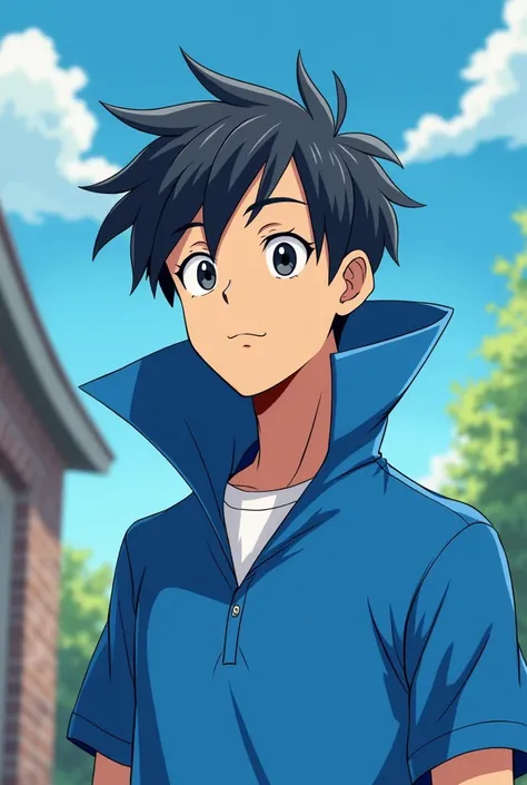 Anime Her Young Adult Husband he's wearing a Blue Massive Popped Collar Polo with a collar so high it's taller than his head