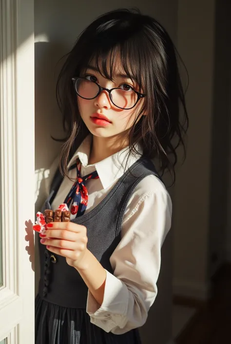 (( highest quality)), ((傑 highest quality、 Masterpiece、High sensitivity、 Hi-Res、 detailed depiction of up to the front door、 depicting a delicate face ))Slender Woman、Glasses、 High School Uniforms、 on Valentine's Day 、Get chocolate as a gift 、Shyly 、