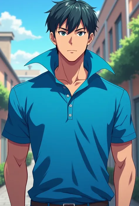 Anime Her Young Adult Handsome Husband he's wearing a Blue Massive Popped Collar Polo with a collar so high it's taller than his head