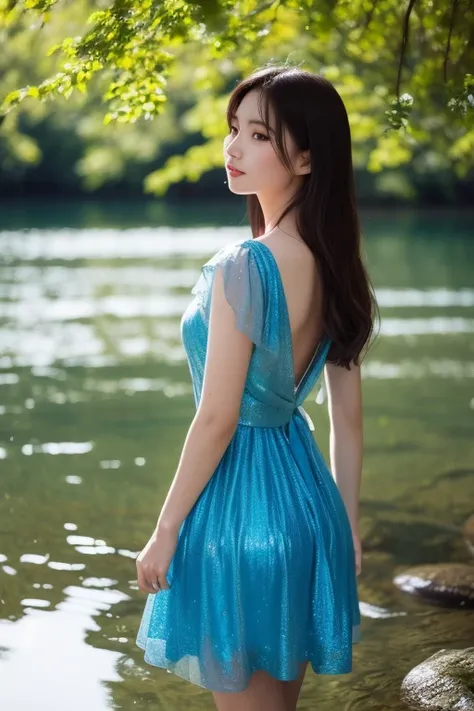 shimmering blue dress. She stands by a crystal-clear lake, cupping water in her hands as sunlight reflects off the ripples. Cool-toned lighting, ultra-detailed, photorealistic, serene and enchanting.