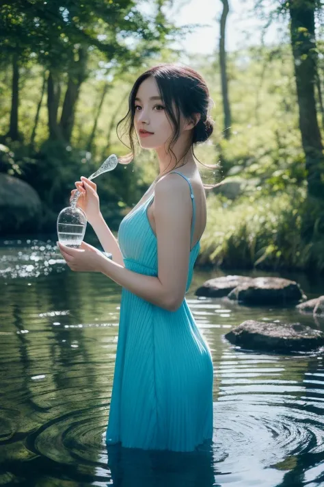 shimmering blue dress. She stands by a crystal-clear lake, cupping water in her hands as sunlight reflects off the ripples. Cool-toned lighting, ultra-detailed, photorealistic, serene and enchanting.