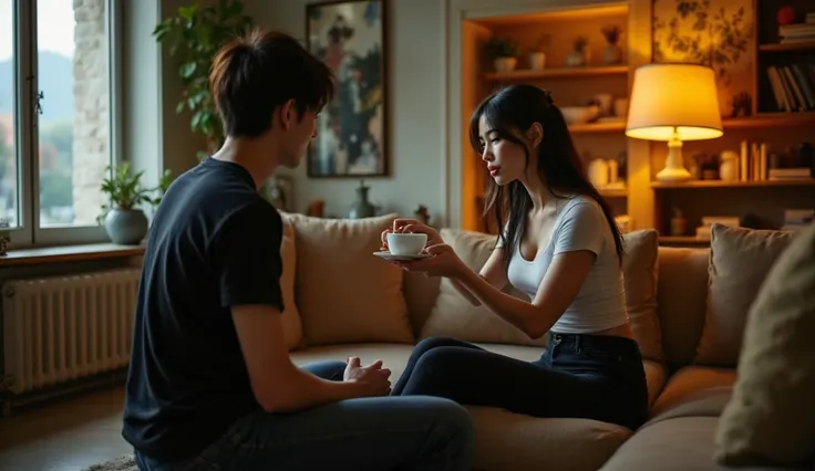 "Cozy living room with a woman,wearing black leggings and a tight white t-shirt serving tea to a young male student, lee min ho,age 19,wearing a black t-shirt, jeans. The room is well decorated, with soft lighting and comfortable furniture. The woman's hai...