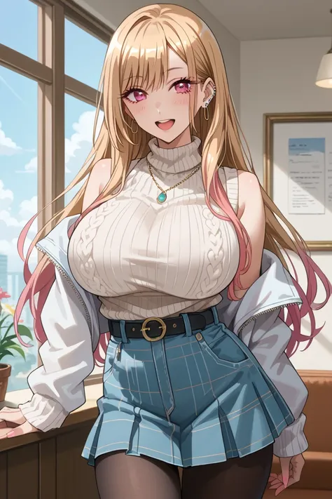 Tall girl, fit girl, KJOmarin, blonde hair, long hair, pink eyes, earrings, ear piercing, multicolored hair, score_9, score_8_up, score_7_up, source_anime, masterpiece,best quality, huge breasts, flashy gyaru,ruanyi0892,belt,black pantyhose,high-waist skir...