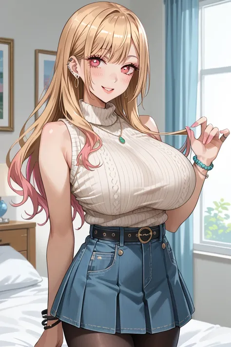 Tall girl, fit girl, KJOmarin, blonde hair, long hair, pink eyes, earrings, ear piercing, multicolored hair, score_9, score_8_up, score_7_up, source_anime, masterpiece,best quality, huge breasts, flashy gyaru,ruanyi0892,belt,black pantyhose,high-waist skir...