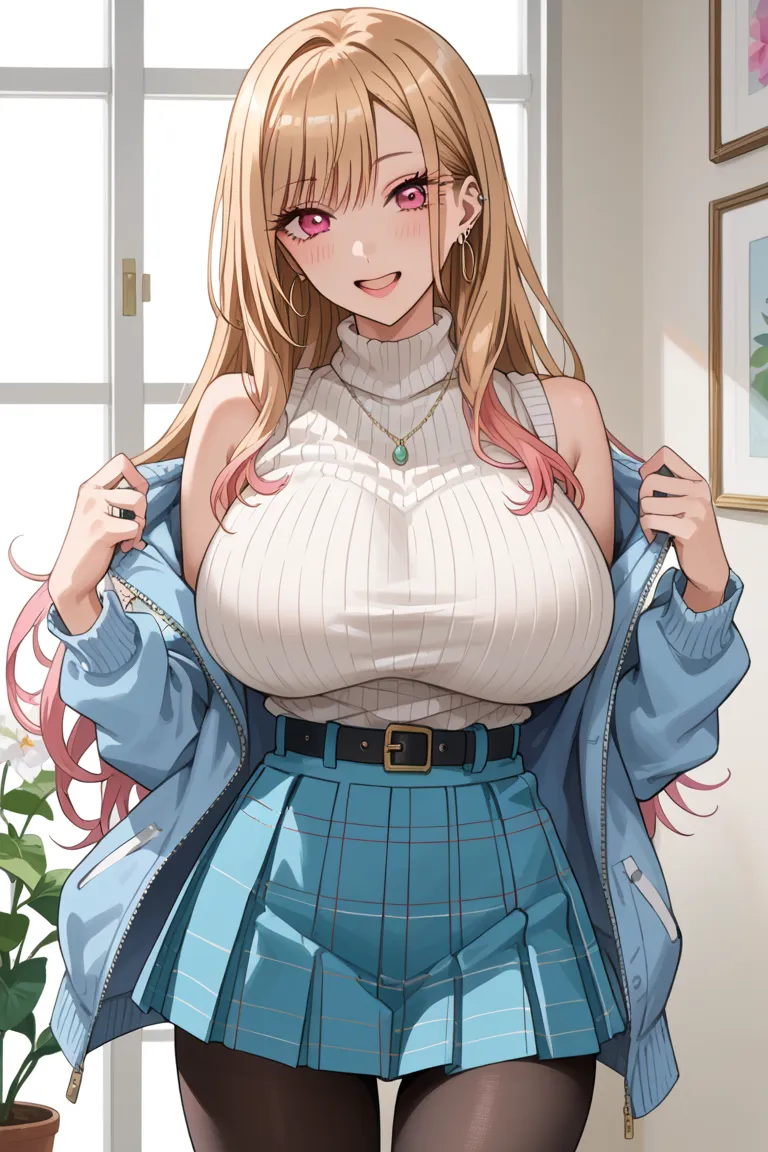 Tall girl, fit girl, KJOmarin, blonde hair, long hair, pink eyes, earrings, ear piercing, multicolored hair, score_9, score_8_up, score_7_up, source_anime, masterpiece,best quality, huge breasts, flashy gyaru,ruanyi0892,belt,black pantyhose,high-waist skir...