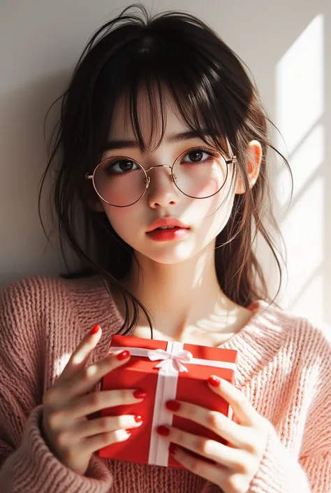 (( highest quality)), ((傑 highest quality、 Masterpiece、High sensitivity、 Hi-Res、 detailed depiction of up to the front door、 depicting a delicate face ))Slender Woman、Glasses、 high school girl、 on Valentine's Day 、Get chocolate as a gift 、 shyly、