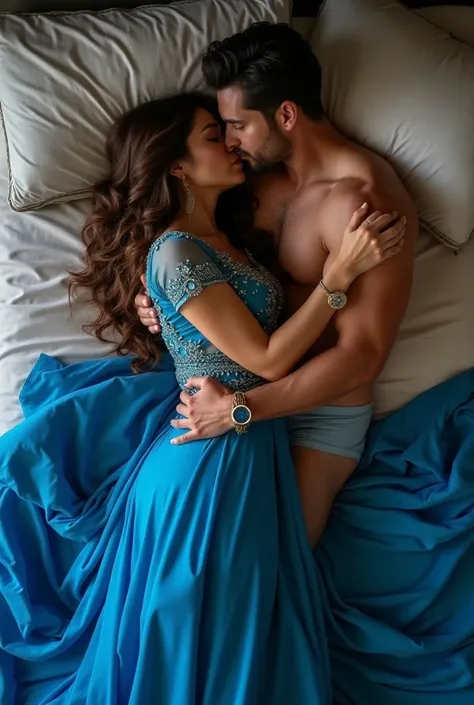  Women wearing hot blue lehanga and  laying in bed with man  wearing underwear  .and both  are hugging and kissing man  in romantic mood in bed 
