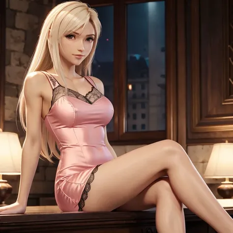 Tifa Lockheart resting elegant in a very short nightgown BREAK (shiny satin pink dress, ultrashort, small lace detail, soft straight fabric, sleeveless, bare shoulders, seamless) BREAK (slim body, skinny, slender) BREAK (whiteblonde hair) BREAK looking at ...