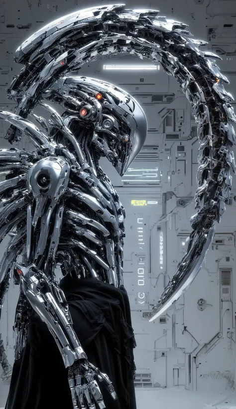 Futuristic robot man of chromium steel on his shoulder futuristic robot xenomorph stands stuttering in futuristic room