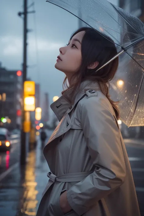 "A striking young woman with shoulder-length silver-gray hair, wearing a stylish trench coat. She stands on a city street with an umbrella, as a light drizzle falls, looking up at the sky with a thoughtful expression. Soft, diffused lighting, ultra-detaile...