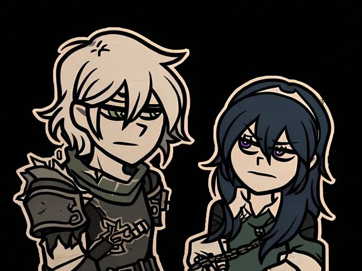  1male, white hair, steel armor, green eyes, long unkept Hair, damaged hair, green tunic, ripped jean, broken shackles with broken chain, green ripped scarf, scars, score_9, by nemlei, the coffin of andy and leyley, nervous smile,

1female, lucina_(fire_em...