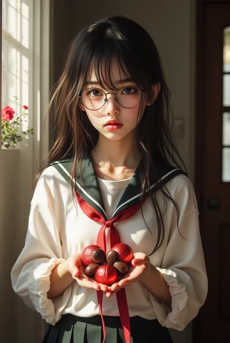 (( highest quality)), ((傑 highest quality、 Masterpiece、High sensitivity、 Hi-Res、 detailed depiction of up to the front door、 depicting a delicate face ))Slender Woman、Glasses、 High School Uniforms、 valentine's day、 shyly、Give them heart-shaped chocolates、