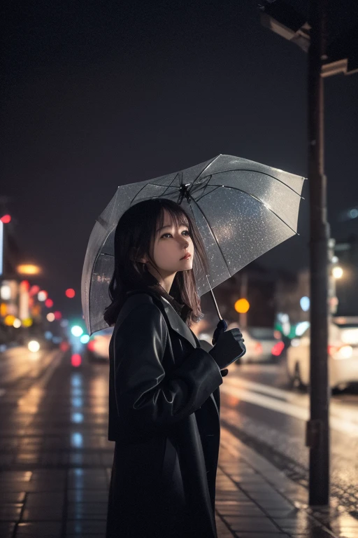 She stands on a city street with an umbrella, as a light drizzle falls, looking up at the sky with a thoughtful expression. Soft, diffused lighting, ultra-detailed, photorealistic, moody and sophisticated.おっぱい