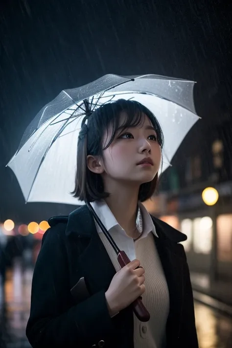 She stands on a city street with an umbrella, as a light drizzle falls, looking up at the sky with a thoughtful expression. Soft, diffused lighting, ultra-detailed, photorealistic, moody and sophisticated.おっぱい