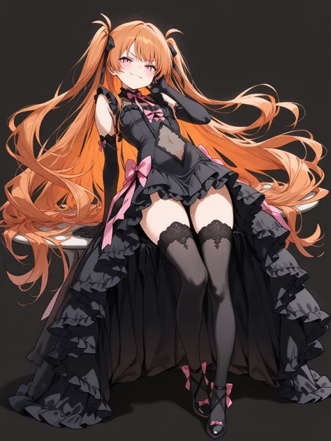 ((masterpiece, best quality, extremely detailed)), 1girl, orange hair, very long hair, long side up, pink eyes, (black frilled dress, see-through navel cutout, high-low skirt, frills), black thighhighs, black elbow gloves, hair ribbon, smug, hand on own ch...