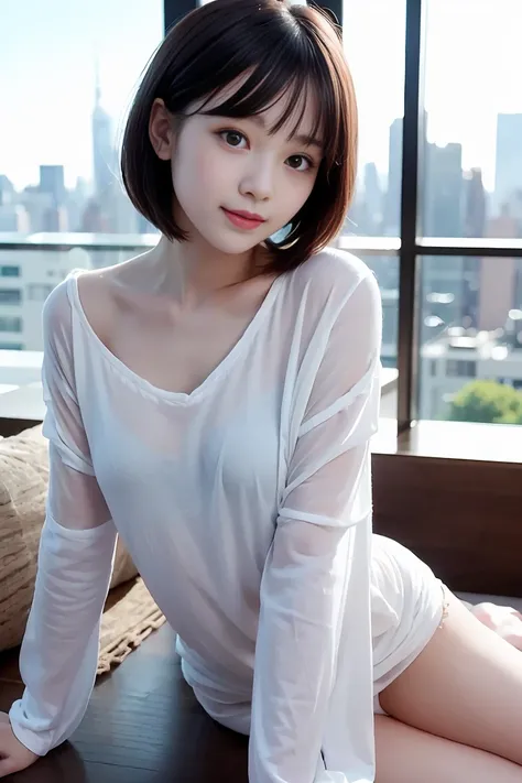 ((( Face Up )))、((( brown, Shoulder length,  straight short bob taken by someone)))、((( I can see the New York skyline in her background、 pose like a model in a beauty salon。.)))、(((Casual black long sleeve winter clothing)))、Half Japanese、Half Korean 、  1...