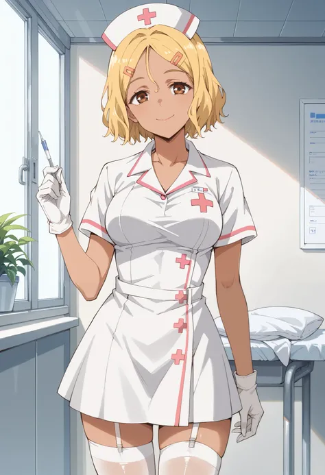 Score_9, score_8_up, score_7_up, source_anime, sakura, solo, short hair, blonde hair, hair ornament, brown eyes, hairclip, dark skin, dark-skinned female, (best quality), (high quality), {masterpiece}, extremely delicate and beautiful, ultra-detailed, beau...