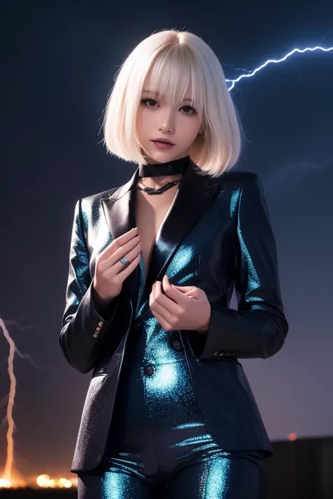 Beauty who manipulates lightning、 platinum blonde hair up to the shoulders 、 wearing a black and blue shiny suit 、 night sky with thunder in the background 。 sci-fi effect with pale electric current flowing out of the palm of the hand。Cool and mysterious e...