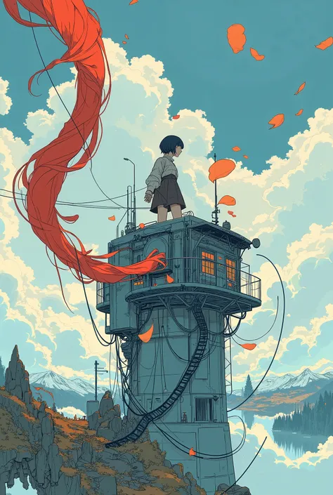  animated poster of the girl on the tower , inspired A huge red ribbon attached to the , Art work in the style of guweiz , A huge red ribbon attached to the ,  NEW VIDEO GAME COVER , Anywhere,  METAVERSE CONCEPT ART ,  Deep in the Metaverse from NEVERCREW ...