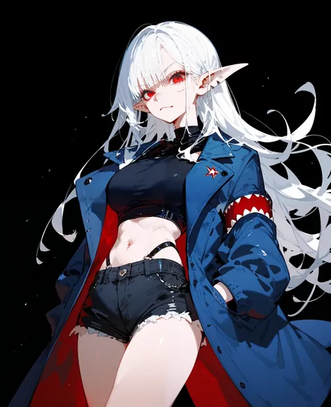 girl,Shark fin, in red eyes , white hair,Fierce face, black background,Blue coat, Cute,Long pointed ears , Shorts ,milf, Slim ,Long hair