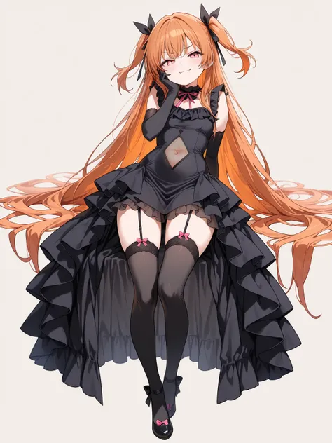 ((masterpiece, best quality, extremely detailed)), 1girl, orange hair, very long hair, long side up, pink eyes, (black frilled dress, see-through navel cutout, high-low skirt, frills), black thighhighs, black elbow gloves, hair ribbon, smug, hand on own ch...