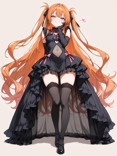 ((masterpiece, best quality, extremely detailed)), 1girl, orange hair, very long hair, long side up, pink eyes, (black frilled dress, see-through navel cutout, high-low skirt, frills), black thighhighs, black elbow gloves, hair ribbon, smug, hand on own ch...