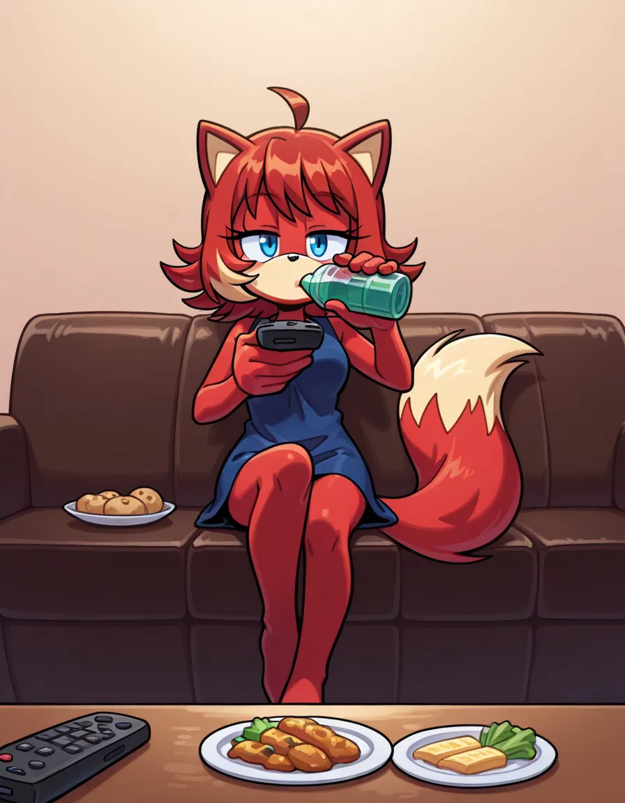 sitting, holding bottle, holding remote control, controller, on couch, drinking, looking at viewer, food Fiona The Fox