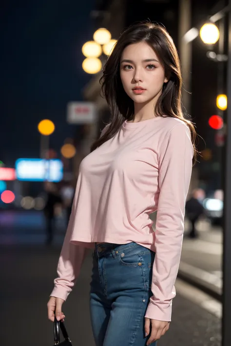 (masterpiece, best quality, photorealistic:1.2), (detailed skin textures, detailed face), absurdres, 8k HDR, realistic lighting, depth of field, 1girl, solo, looking at viewer,  pink shirt, long sleeves, jeans, in the city, night, bokeh,