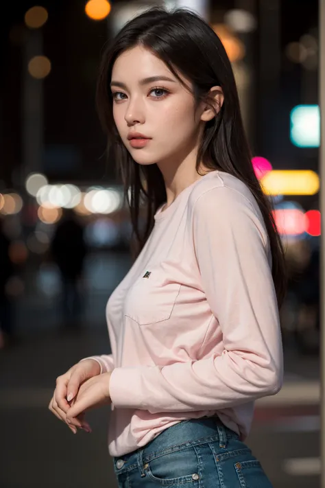 (masterpiece, best quality, photorealistic:1.2), (detailed skin textures, detailed face), absurdres, 8k HDR, realistic lighting, depth of field, 1girl, solo, looking at viewer,  pink shirt, long sleeves, jeans, in the city, night, bokeh,