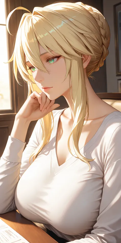 Masterpiece, very aesthetic, vibrant, high contrast, elegant mature woman, artoria pendragon (lancer) (fate), upper body, curvaceous, long sleeve shirt, collarbone, sitting, dynamic angle, best quality, high saturation, home, semrealistic, honkai: star rai...