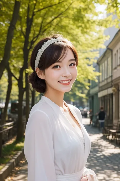  wearing a classic headband。 An elegant woman dressed in a traditional Russian dress 、Smiling in the sunlight filtering through the trees 。 A retro European cityscape in the background 、 A warm, nostalgic atmosphere 。"