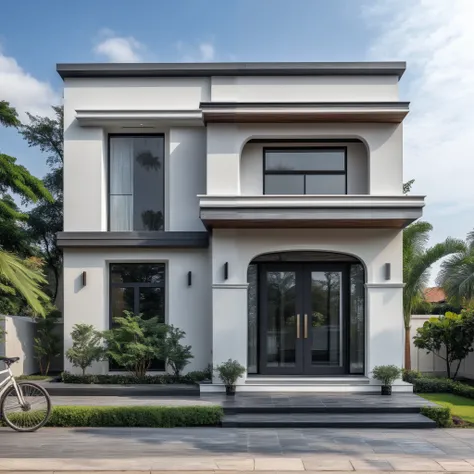 (masterpiece:1.2), best quality, photo of A two-story modern house with white walls and dark tiles on the roof, tree and plant, streetcapes, natural light, The exterior of an elegant single family home features large windows, a dark gray door frame.