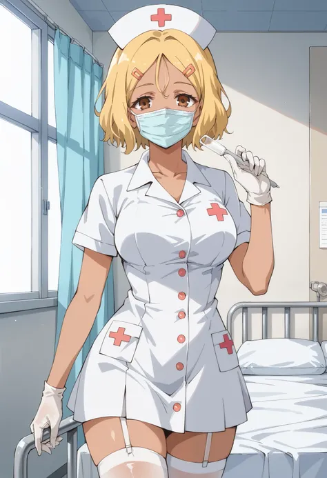Score_9, score_8_up, score_7_up, source_anime, sakura, solo, short hair, blonde hair, hair ornament, brown eyes, hairclip, dark skin, dark-skinned female, (best quality), (high quality), {masterpiece}, extremely delicate and beautiful, ultra-detailed, beau...