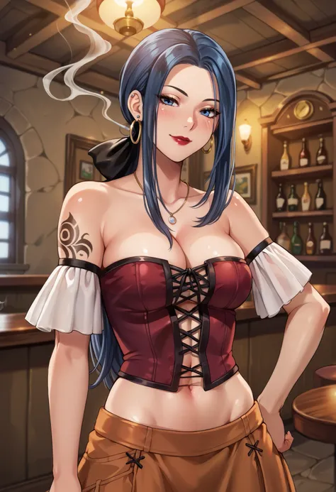 score_9, score_8_up, score_7_up, score_6_up, score_5_up, score_4_up, masterpiece, best quality, BREAK,
1girl, indoors, bar,  ruida, blue hair, long hair, blue eyes, cleavage, corset, smile, hand on hip, , ear piercing, long hair, blush, lipstick,Hot girl, ...