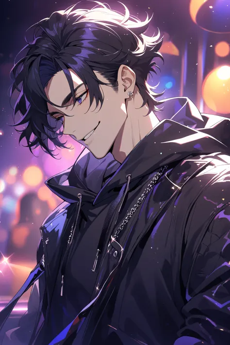 1 handsome male, bad-boy, messy ruffled short black hair, fierce black irises, 30 years old, high detail, dark hoodie, perfect eyes, look away, solo, sexy smile, nightclub background, sexy bad boy