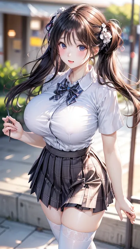 ((1girl in)), Amazing face and eyes, Black eyes, (amazingly beautiful girl), massive breast, curvaceous body, hi-school uniform, (White short sleeve collared shirt:1.3), (Checkered Pleated Skirt:1.2), ((Best Quality)), (Ultra-detailed), (extremely detailed...