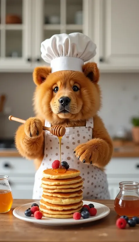 "A caramel-colored Chow Chow puppy dressed as a chef, wearing a white chef's hat and a polka-dot apron. It is in a well-lit kitchen, holding a honey dipper and drizzling honey over a tall stack of golden pancakes, decorated with red berries and blueberries...